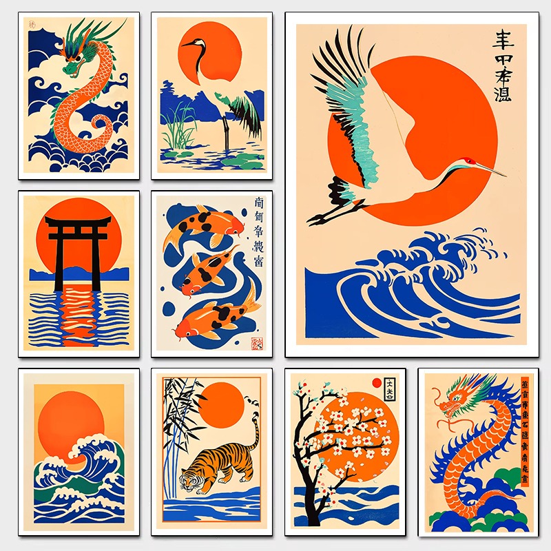 Japanese Living Lifestyle - Retro japanische Illustrationen Leinwanddruck Drache Koi